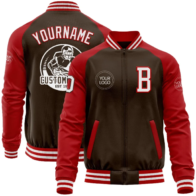 Fishing hook removal device-Custom Brown White-Red Bomber Varsity Letterman Two Tone Zipper Jacket