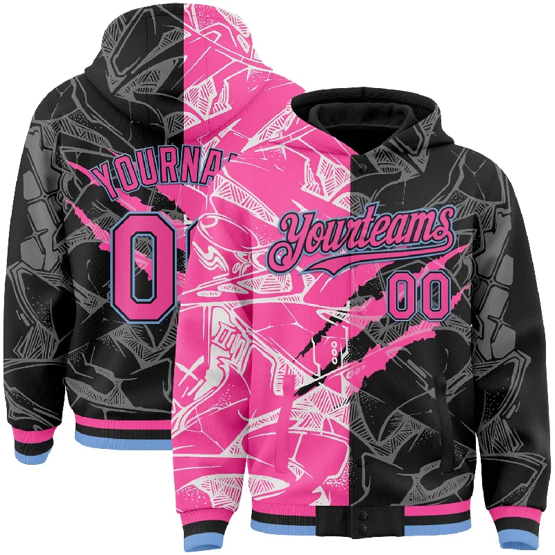 Fishing bait prep device-Custom Graffiti Pattern Pink Black-Light Blue Scratch 3D Bomber Full-Snap Varsity Letterman Hoodie Jacket