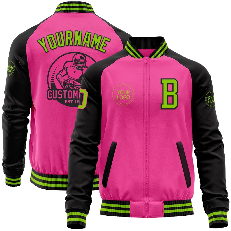 Fishing reel tuning kit-Custom Pink Neon Green-Black Bomber Varsity Letterman Two Tone Zipper Jacket