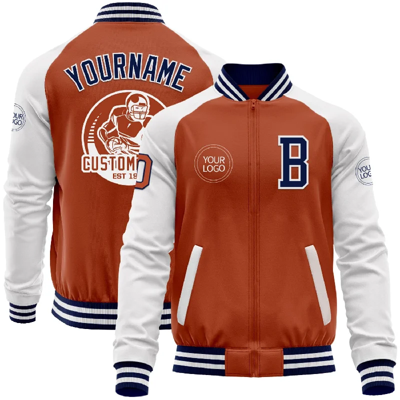 Fishing line spooler portable-Custom Texas Orange Navy-White Bomber Varsity Letterman Two Tone Zipper Jacket