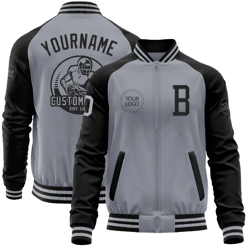 Fishing line remover-Custom Gray Black Bomber Varsity Letterman Two Tone Zipper Jacket