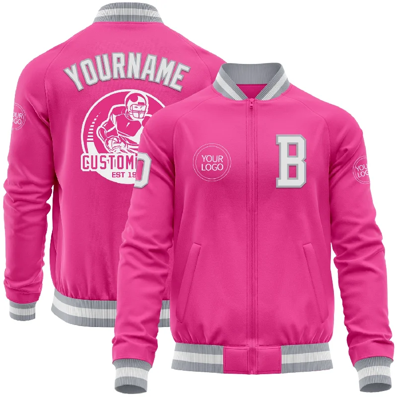 Fishing hook grinding tool-Custom Pink White-Gray Bomber Varsity Letterman Zipper Jacket