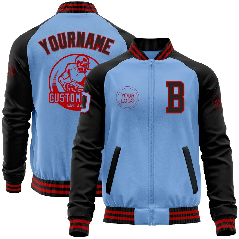 Fishing line coiling device-Custom Light Blue Red-Black Bomber Varsity Letterman Two Tone Zipper Jacket