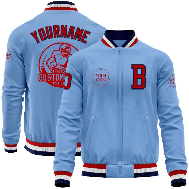 Fishing tackle storage tower-Custom Light Blue Red-Navy Bomber Varsity Letterman Zipper Jacket