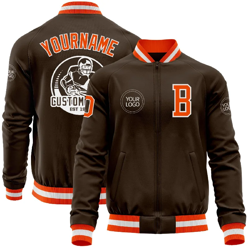 Fishing bait pressing device-Custom Brown Orange-White Bomber Varsity Letterman Zipper Jacket