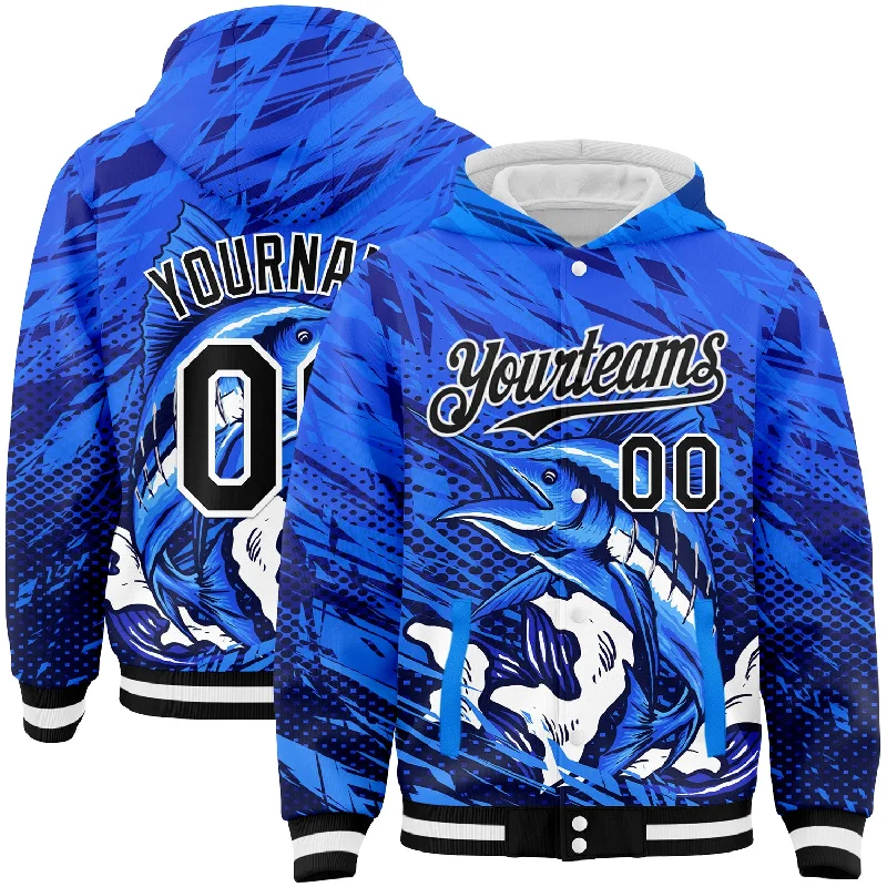 Fishing tackle divider-Custom Royal Black-White Marlin Fish Fishing 3D Bomber Full-Snap Varsity Letterman Hoodie Jacket