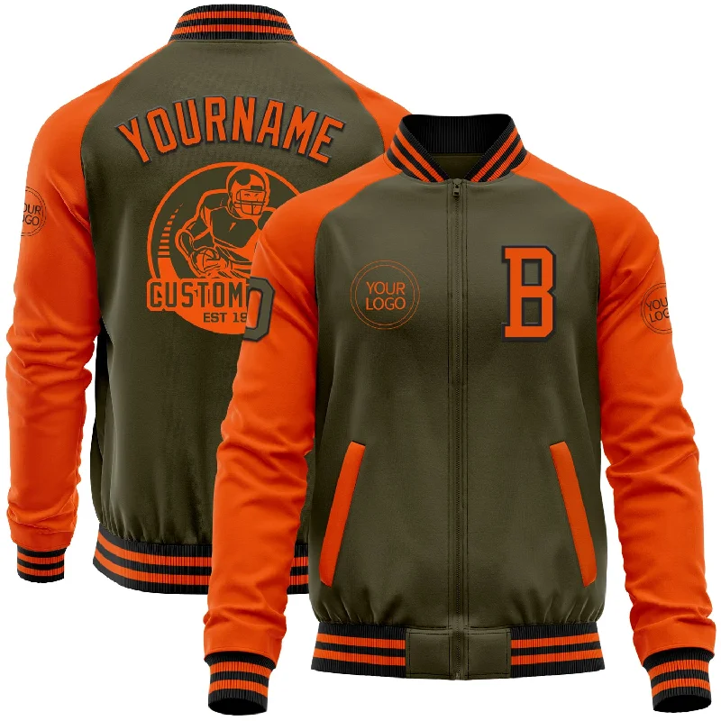 Fishing bait mixing spoon-Custom Olive Black-Orange Bomber Varsity Letterman Two Tone Salute To Service Zipper Jacket