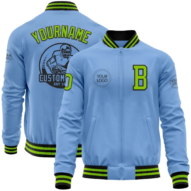 Fishing line tensioner-Custom Light Blue Neon Green-Black Bomber Varsity Letterman Zipper Jacket