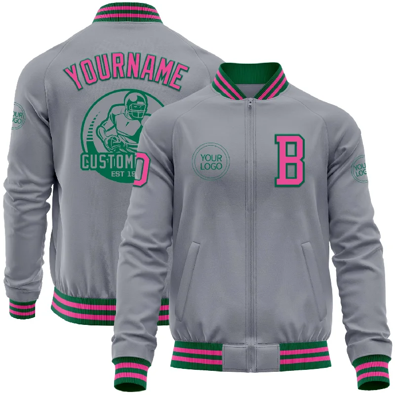 Fishing hook sharpening aid-Custom Gray Pink-Kelly Green Bomber Varsity Letterman Zipper Jacket