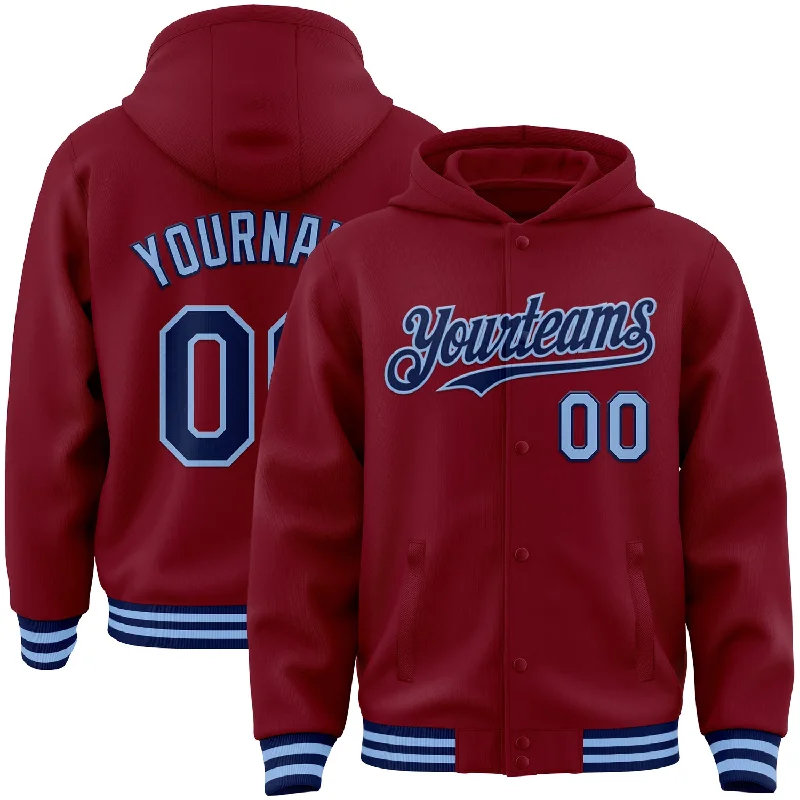 Fishing hook file-Custom Crimson Navy-Light Blue Bomber Full-Snap Varsity Letterman Hoodie Jacket