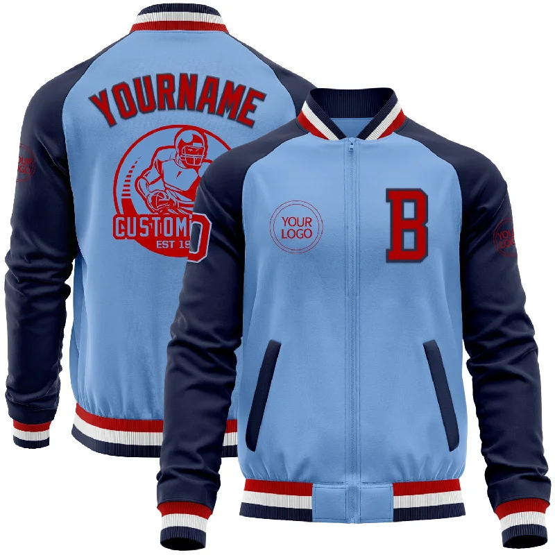 Fishing tackle modular tray-Custom Light Blue Red-Navy Bomber Varsity Letterman Two Tone Zipper Jacket