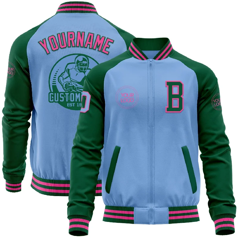 Fishing reel waterproof pouch-Custom Light Blue Pink-Kelly Green Bomber Varsity Letterman Two Tone Zipper Jacket