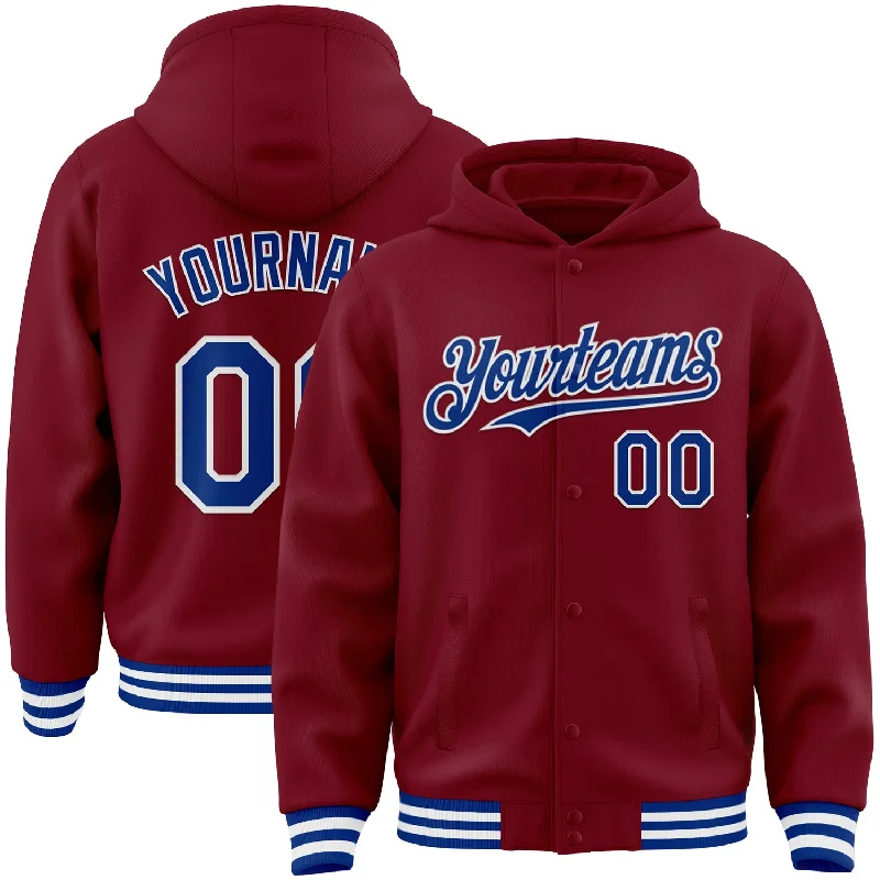 Fishing line counter-Custom Crimson Royal-White Bomber Full-Snap Varsity Letterman Hoodie Jacket