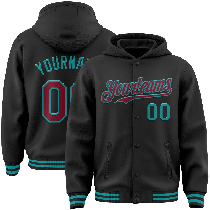 Fishing rod handle adhesive-Custom Black Crimson-Teal Bomber Full-Snap Varsity Letterman Hoodie Jacket