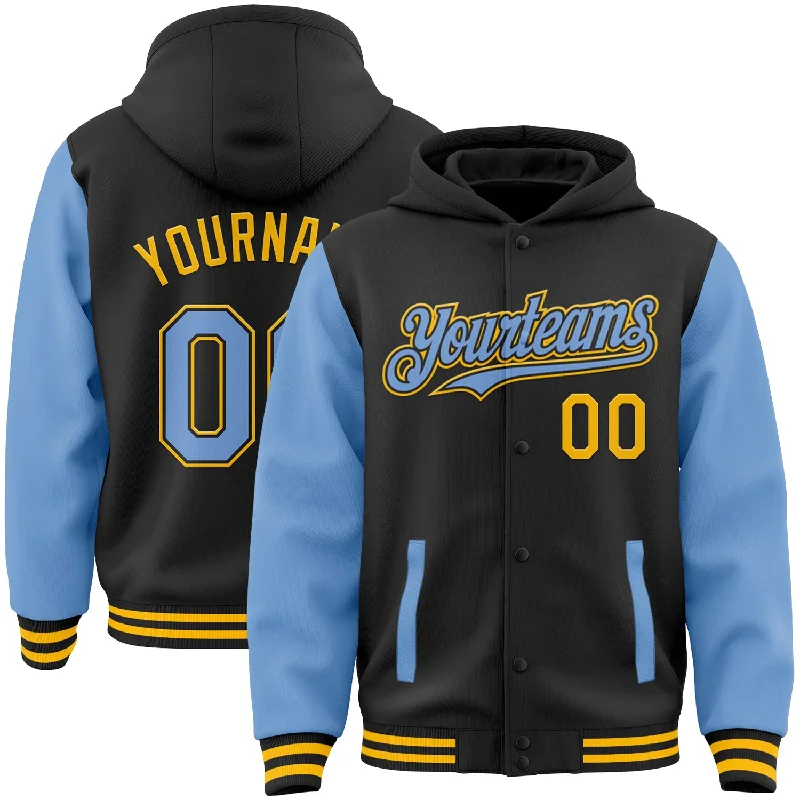 Fishing tackle modular tray-Custom Black Light Blue-Gold Bomber Full-Snap Varsity Letterman Two Tone Hoodie Jacket