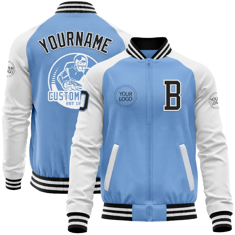 Fishing line depth tool-Custom Light Blue Black-White Bomber Varsity Letterman Two Tone Zipper Jacket