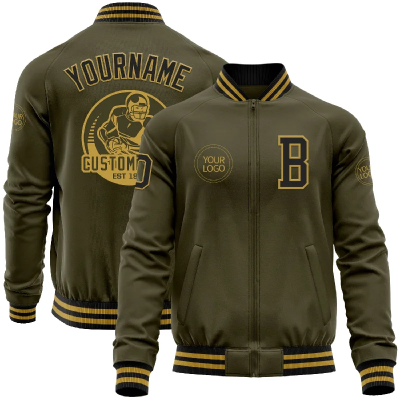 Fishing hook release device-Custom Olive Black-Old Gold Bomber Varsity Letterman Salute To Service Zipper Jacket