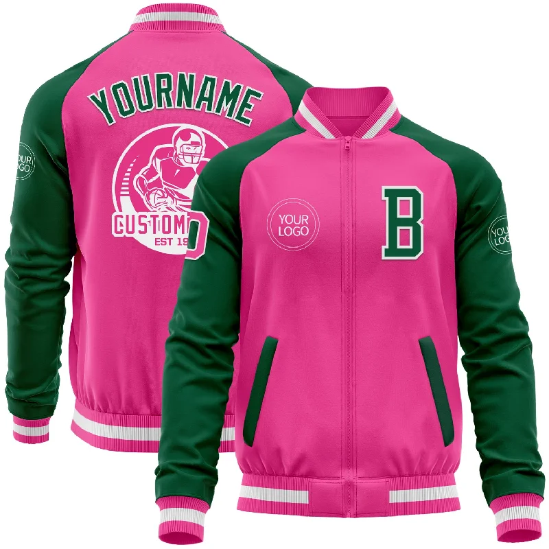 Fishing tackle station-Custom Pink White-Kelly Green Bomber Varsity Letterman Two Tone Zipper Jacket