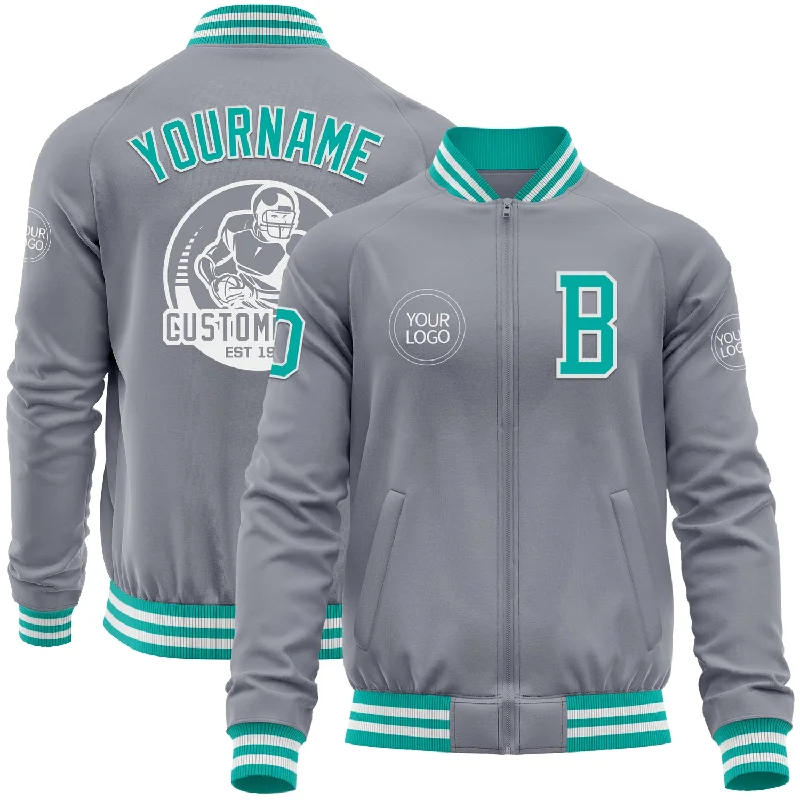 Fishing line marking tool-Custom Gray Aqua-White Bomber Varsity Letterman Zipper Jacket