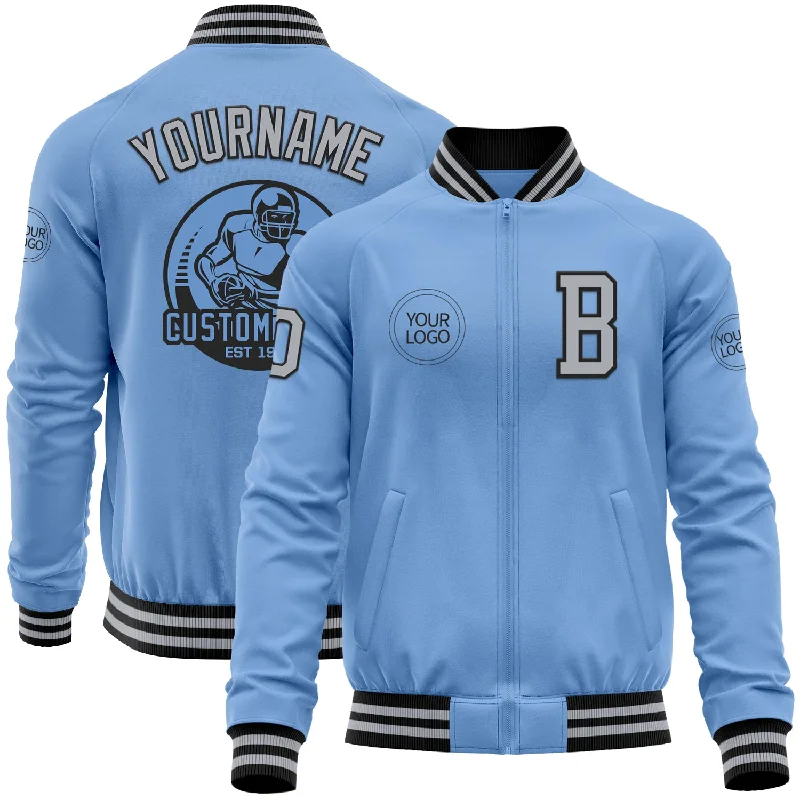 Fishing hook sharpening stone-Custom Light Blue Gray-Black Bomber Varsity Letterman Zipper Jacket