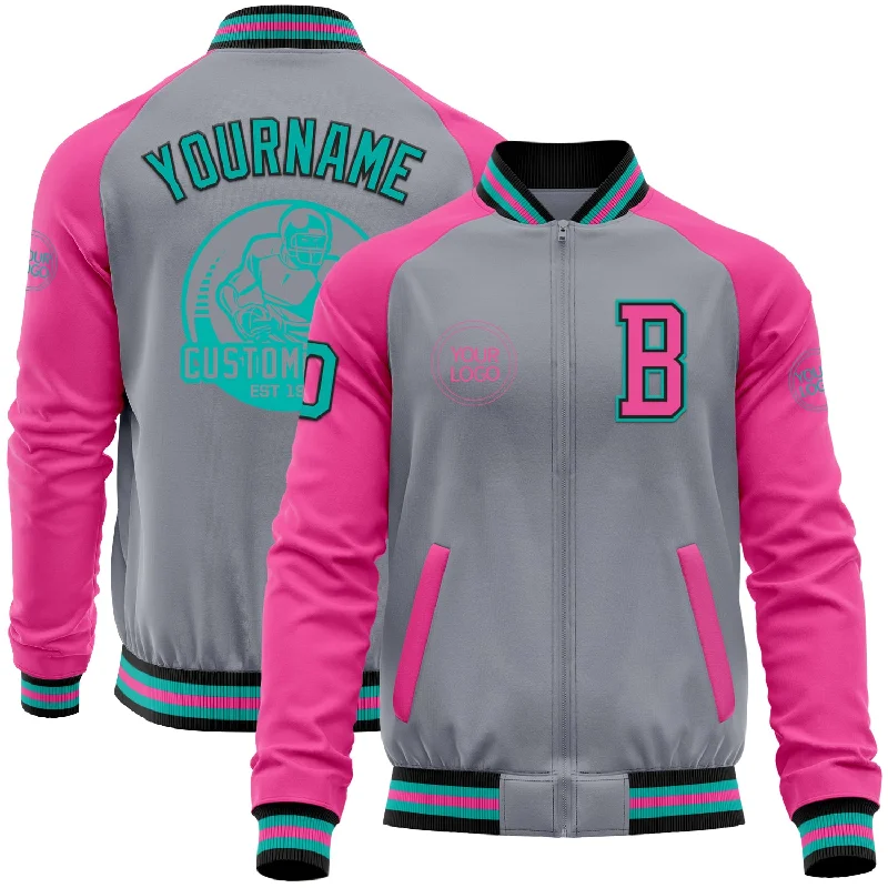 Fishing hook polisher-Custom Gray Aqua Black-Pink Bomber Varsity Letterman Two Tone Zipper Jacket