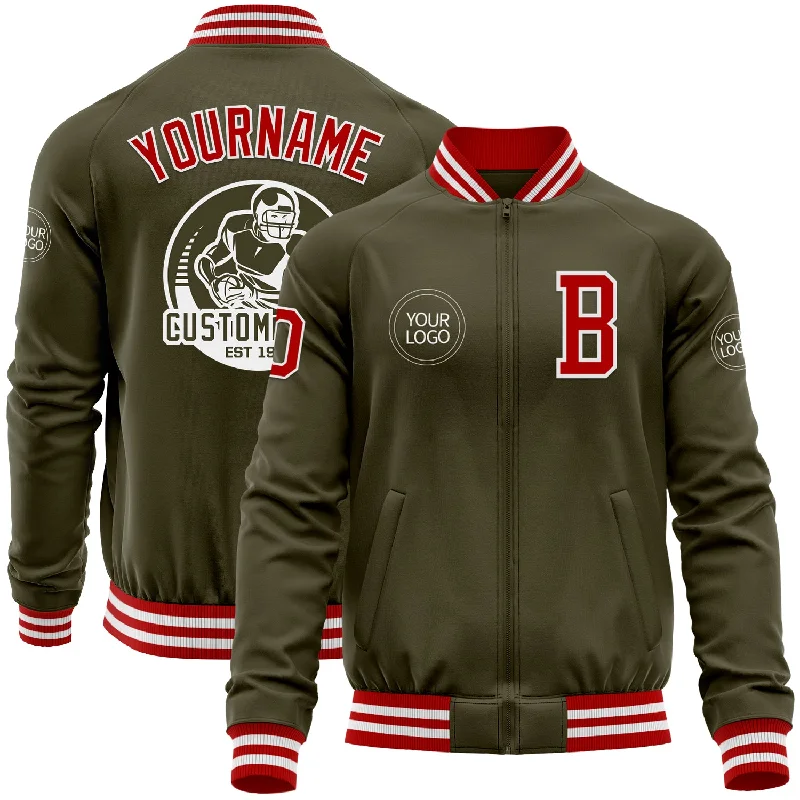 Fishing rod handle protector-Custom Olive Red-White Bomber Varsity Letterman Salute To Service Zipper Jacket