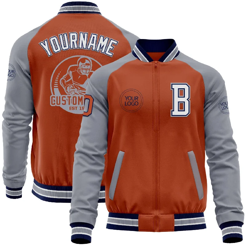 Fishing line winder manual-Custom Texas Orange Navy-Gray Bomber Varsity Letterman Two Tone Zipper Jacket