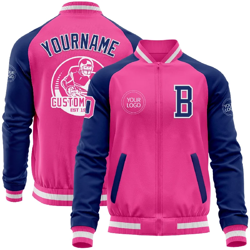 Fishing tackle tower-Custom Pink White-Royal Bomber Varsity Letterman Two Tone Zipper Jacket