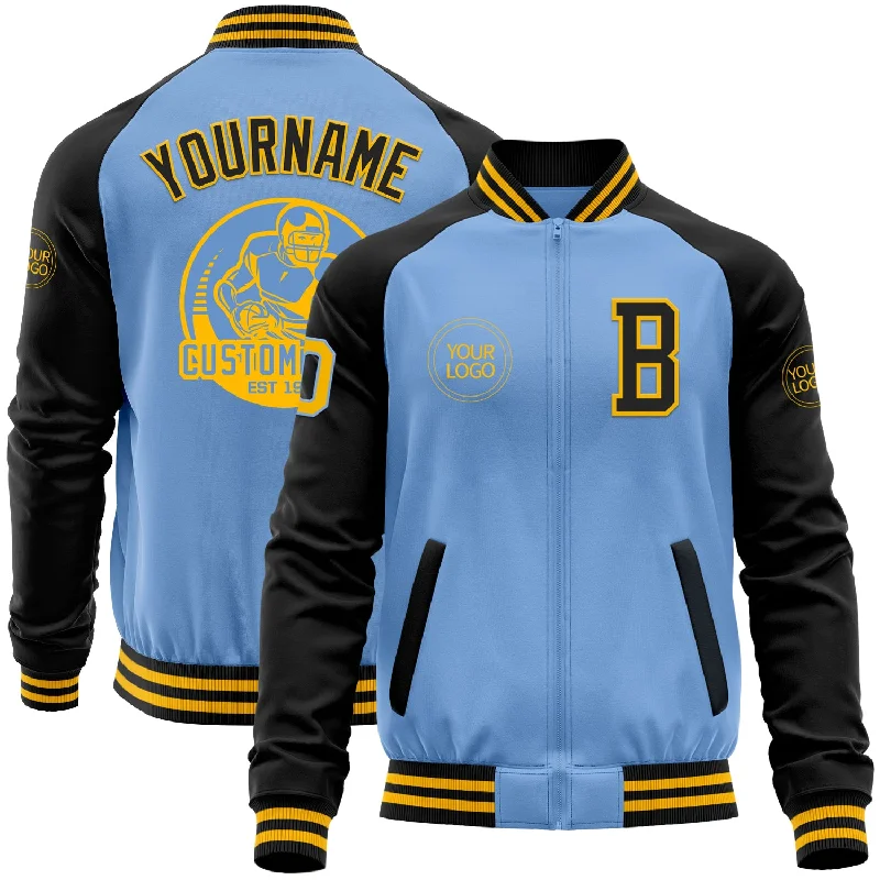 Fishing tackle modular rack-Custom Light Blue Gold-Black Bomber Varsity Letterman Two Tone Zipper Jacket