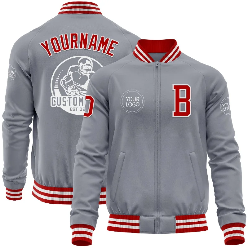 Fishing line winding device-Custom Gray Red-White Bomber Varsity Letterman Zipper Jacket