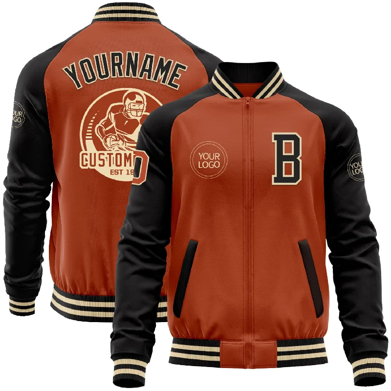 Fishing reel protective sleeve-Custom Texas Orange Cream-Black Bomber Varsity Letterman Two Tone Zipper Jacket