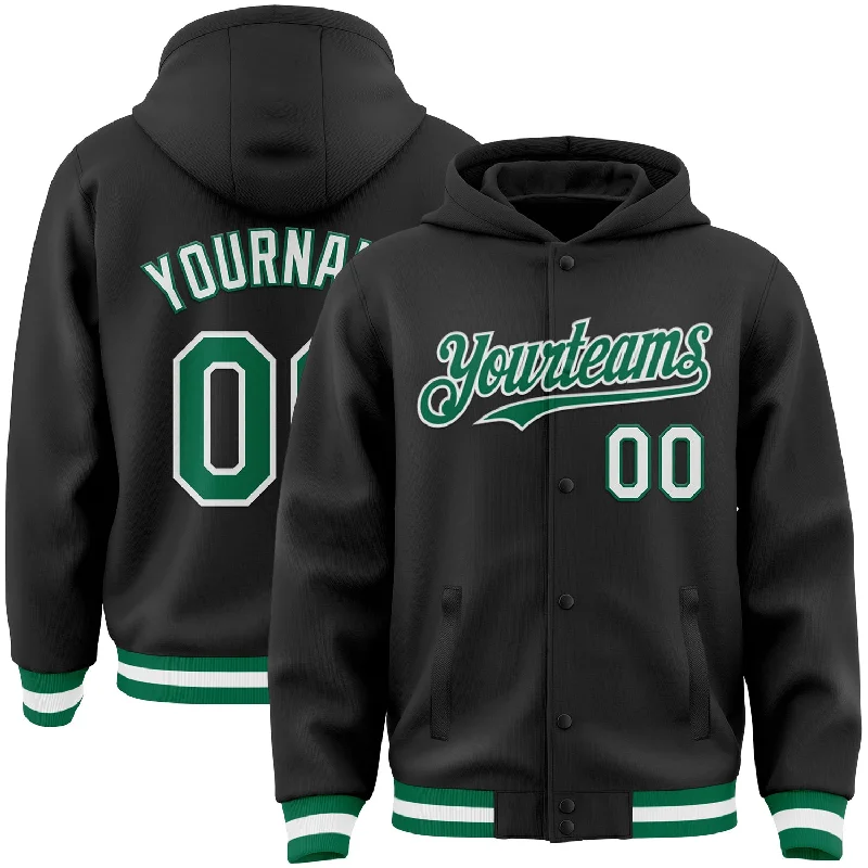 Fishing line spooler adjustable-Custom Black Kelly Green-White Bomber Full-Snap Varsity Letterman Hoodie Jacket