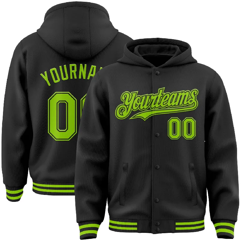 Fishing reel cleaning grease-Custom Black Neon Green Bomber Full-Snap Varsity Letterman Hoodie Jacket