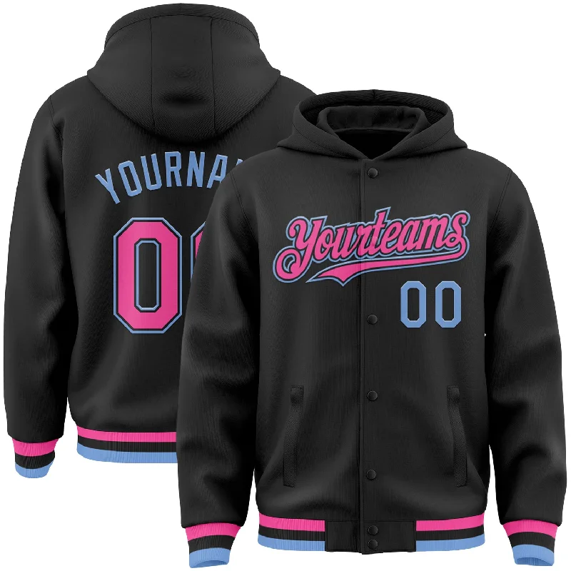 Fishing bait threading device-Custom Black Pink-Light Blue Bomber Full-Snap Varsity Letterman Hoodie Jacket