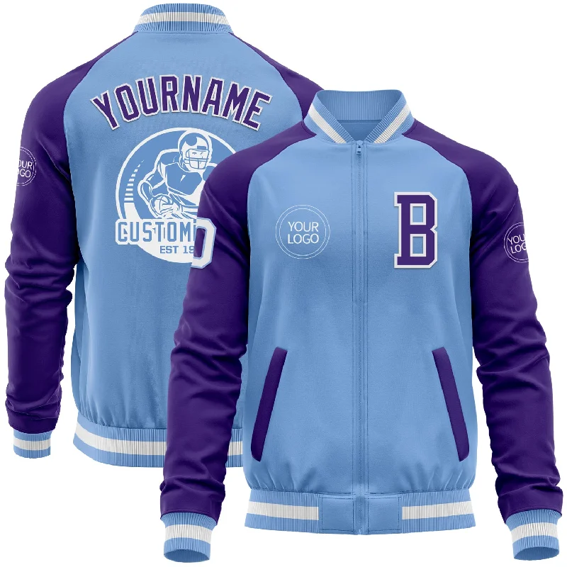 Fishing line depth gauge-Custom Light Blue White-Purple Bomber Varsity Letterman Two Tone Zipper Jacket