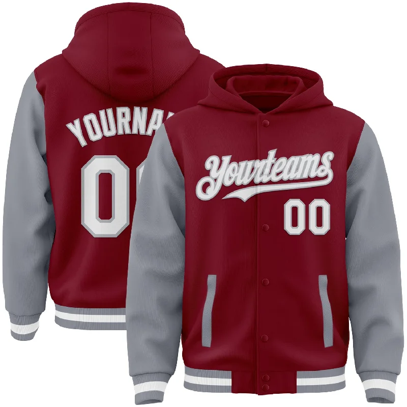 Fishing rod repair accessory-Custom Crimson White-Gray Bomber Full-Snap Varsity Letterman Two Tone Hoodie Jacket