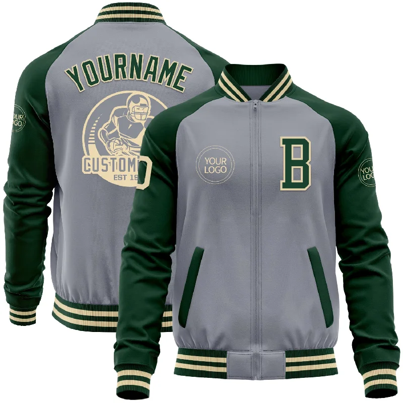 Fishing line winder portable-Custom Gray Cream-Green Bomber Varsity Letterman Two Tone Zipper Jacket