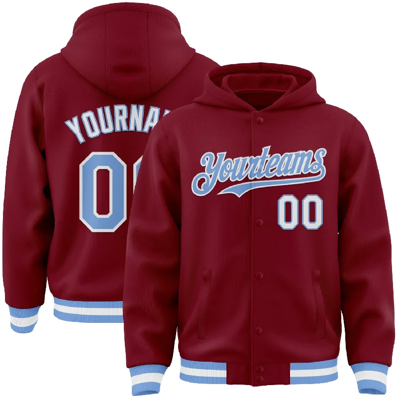 Fishing rod carrying case-Custom Crimson Light Blue-White Bomber Full-Snap Varsity Letterman Hoodie Jacket