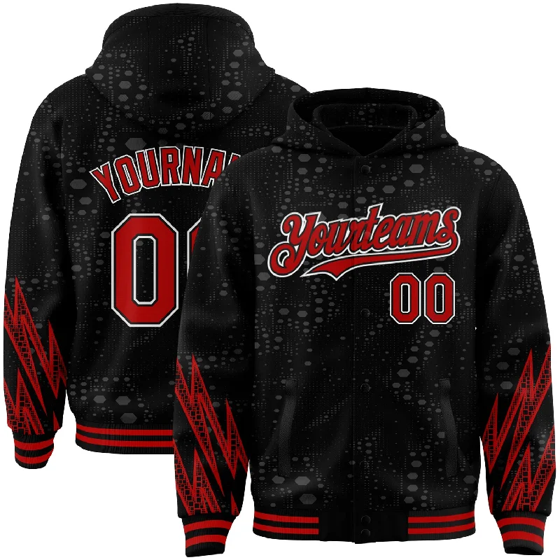 Fishing line tension tool-Custom Black Red-White Geometric Shape 3D Pattern Design Bomber Full-Snap Varsity Letterman Hoodie Jacket