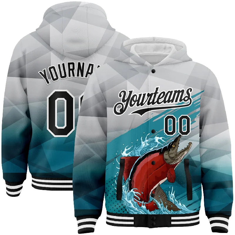 Fishing reel protector-Custom Gray Black-Aqua Salmon Fish Fishing 3D Bomber Full-Snap Varsity Letterman Hoodie Jacket