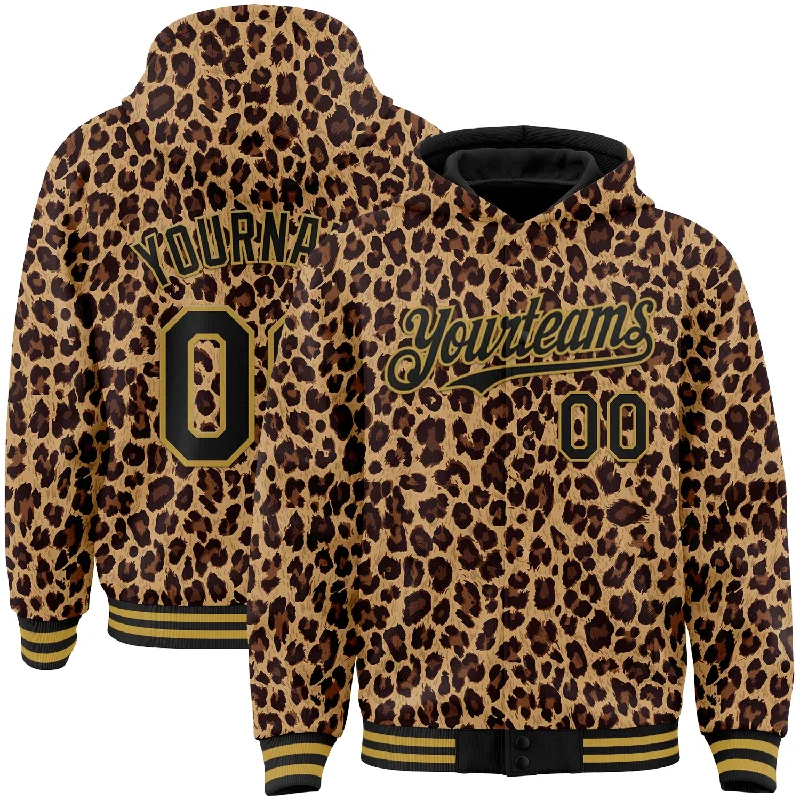 Fishing tackle sorter-Custom Brown Black-Old Gold Leopard Print 3D Pattern Design Bomber Full-Snap Varsity Letterman Hoodie Jacket