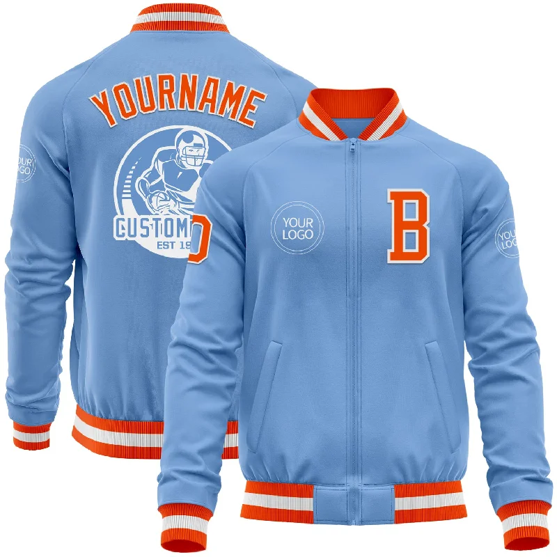 Fishing knot tying tool-Custom Light Blue Orange-White Bomber Varsity Letterman Zipper Jacket