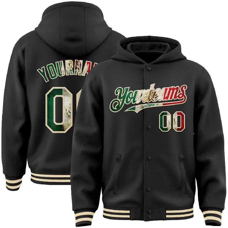 Fishing line spooler machine-Custom Black Vintage Mexican Flag-Cream Bomber Full-Snap Varsity Letterman Hoodie Jacket