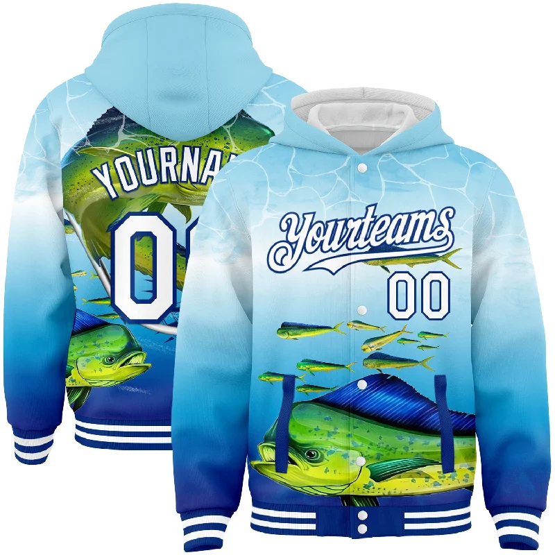 Fishing rod grip tape-Custom Lakes Blue White-Royal Mahimah Fish Fishing 3D Bomber Full-Snap Varsity Letterman Hoodie Jacket