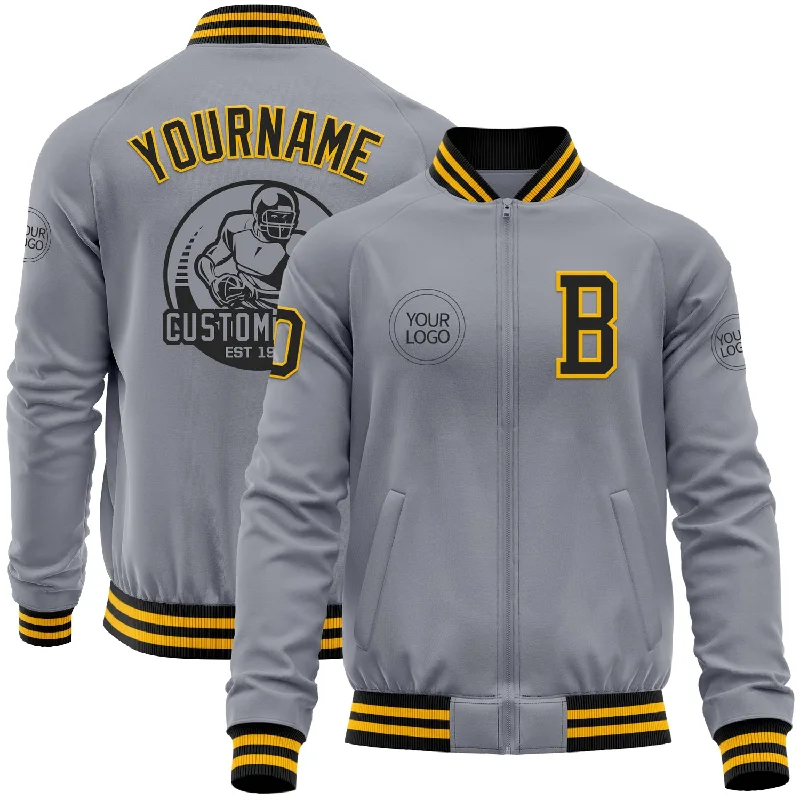 Fishing hook sharpening stick-Custom Gray Black-Gold Bomber Varsity Letterman Zipper Jacket