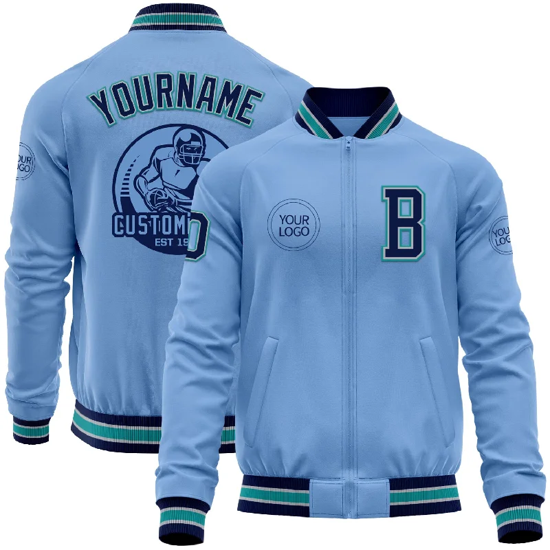 Fishing rod tip protector-Custom Light Blue Navy Gray-Teal Bomber Varsity Letterman Zipper Jacket