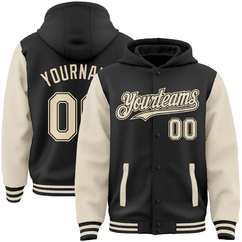 Fishing hook remover-Custom Black Cream Bomber Full-Snap Varsity Letterman Two Tone Hoodie Jacket