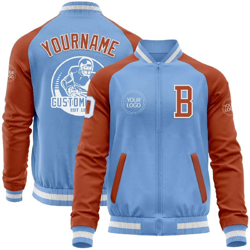 Fishing reel storage cover-Custom Light Blue White-Texas Orange Bomber Varsity Letterman Two Tone Zipper Jacket