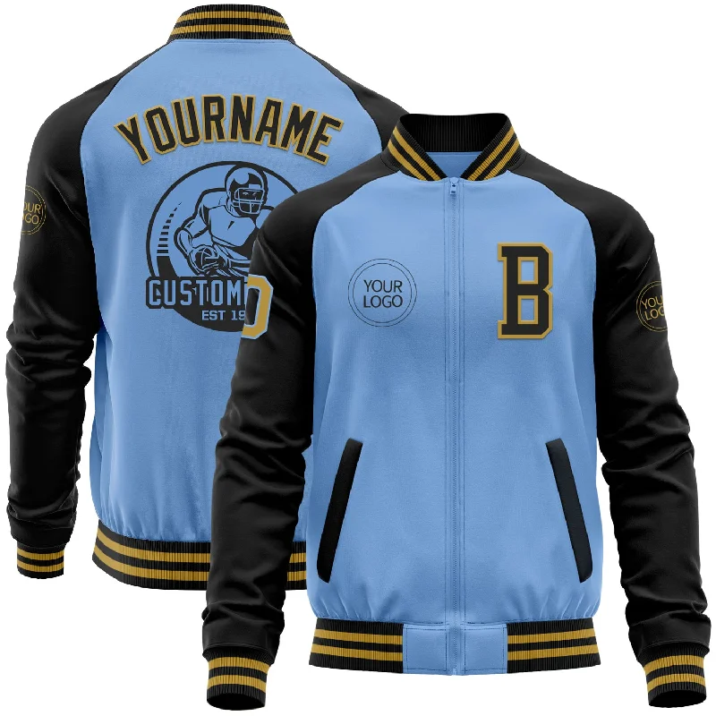 Fishing line strength gauge-Custom Light Blue Old Gold-Black Bomber Varsity Letterman Two Tone Zipper Jacket