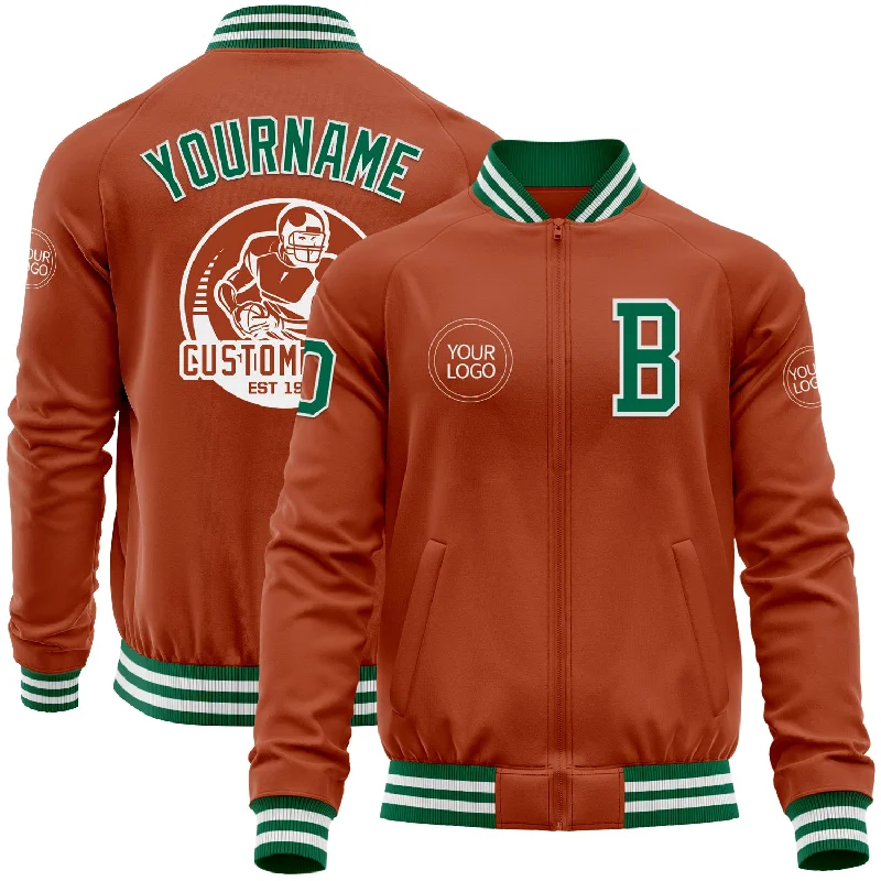 Fishing hook release kit-Custom Texas Orange Kelly Green-White Bomber Varsity Letterman Zipper Jacket